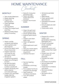 the home maintenance checklist is shown in blue and white