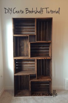 a book shelf made out of wooden crates with the words diy crate bookshelf tutor