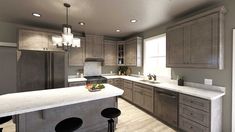 a large kitchen with gray cabinets and white counter tops is shown in this rendering image