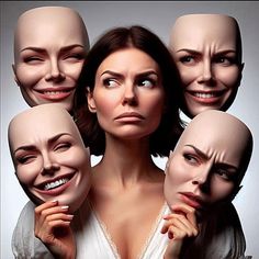 a woman with five faces on her face and four heads behind her, all wearing masks