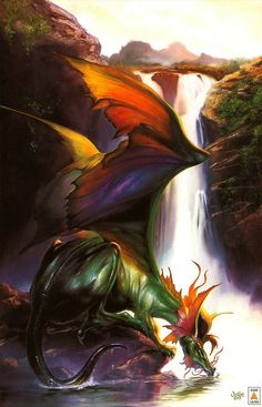 a painting of a dragon attacking a water fall