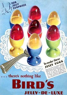 an advertisement for jelly eggs from the early 1900's, featuring five different colored ones