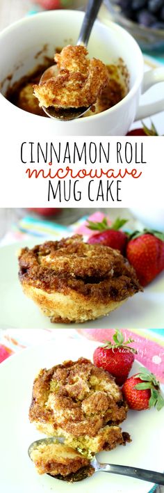 cinnamon roll microwave mug cake with strawberries on the side and another photo in the background