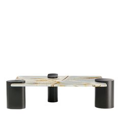 a marble coffee table with black legs and two round bases on the top, against a white background