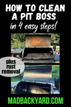 the words how to clean a pit boss in 4 easy steps are shown above an image of a bbq grill