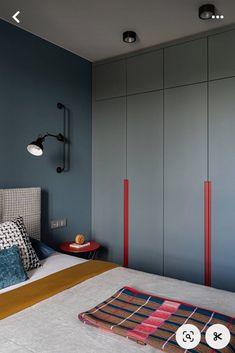 a bedroom with blue walls and white bedding