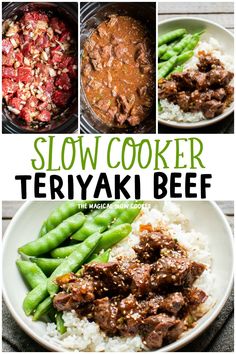 the cover of slow cooker teriyaki beef is shown in four different pictures