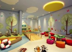 the children's playroom is decorated with colorful furniture