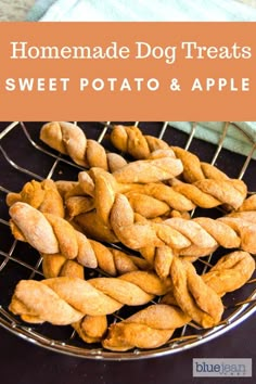 homemade dog treats that are sweet potato and apple on a cooling rack with text overlay