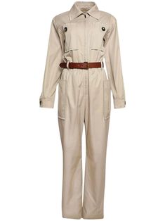 light beige cotton spread collar front zip fastening long sleeves two button-fastening chest pockets belted waist belt loops two side patch pockets straight leg Cotton Jumpsuit, Yoko London, City Dress, Iconic Bags, Summer Beach Wear, Ballet Flat Shoes, Ski Wear, Lady Dior, Light Beige