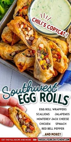 an advertisement for chili's copycatch egg rolls