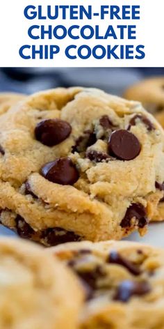 gluten - free chocolate chip cookies on a white plate with text overlay