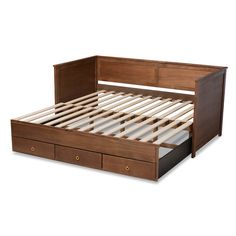 a wooden bed frame with two drawers on the bottom and one drawer underneath it,