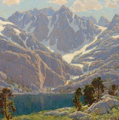 a painting of mountains with snow on the tops and water below them in an artist's impression