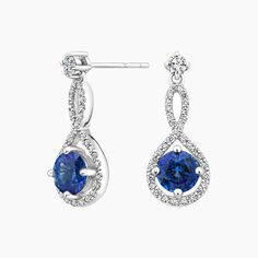 Sapphire and Diamond Twist Earrings | Annalise | Brilliant Earth Formal Bridal Earrings With Diamond Accents, White Gold Sapphire Earrings With Pave Setting, Timeless Diamond Accents Earrings For Formal Occasions, Timeless Formal Earrings With Diamond Accents, Formal White Gold Earrings, Exquisite Formal Bridal Earrings With Prong Setting, Exquisite Prong Set Bridal Earrings For Formal Occasions, Elegant Round Cut Sapphire Earrings, Exquisite Bridal Earrings With Prong Setting For Formal Occasions