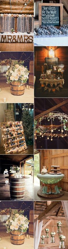 several pictures of wedding decorations in different styles and colors, including wine barrels with flowers on them