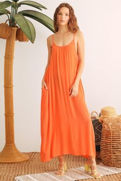 🖤 Item Features: Orange, woven, round neckline, sleeveless, adjustable straps, two pockets, relax fit, midi length, non-stretchy, lined, cute, cool, girlish, stylish, summer vibe. Summer Maxi Dress With Pockets For Day Out, Casual Maxi Sundress With Pockets, Summer Beach Maxi Dress With Pockets, Casual Solid Sundress With Adjustable Straps, Casual Maxi Dress With Pockets For Vacation, Solid Color Midi Dress With Pockets For Beach, Maxi Sundress With Pockets For Vacation, Vacation Maxi Sundress With Pockets, Casual Maxi Dress With Adjustable Straps For Brunch