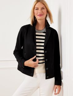 Our luxuriously comfortable brushed knit jacket. Expertly tailored with all the classic including easy button closures and welt front pockets. A cool-weather must-have. Features Long Sleeve Hits Above Hip Button front closure Welt pockets Imported Fit: Misses: 21 1/2"; Petite: 21"; Plus: 24"; Plus Petite: 21 1/2" Material: Face: 37% Polyester, 25% Rayon, 14% Acrylic, 12% Nylon, 10% Acetate, 2% Wool; Back: 63% Polyester, 37% Rayon; Lining: 100% Polyester, Trim: 100% Faux Leather Care: Dry Clean | Versatile Button Closure Outerwear For Work, Versatile Fall Outerwear With Buttons, Versatile Button-up Outerwear With Button Closure, Versatile Winter Outerwear With Button Closure, Versatile Fall Blazer With Button Closure, Versatile Winter Outerwear With Buttons, Winter Blazer With Button Closure For Layering, Button-up Outerwear With Button Cuffs For Layering, Chic Outerwear With Snap Buttons For Layering