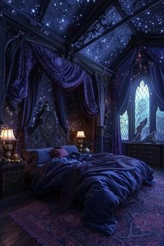 a large bed sitting in a bedroom under a sky filled with stars and moondusts