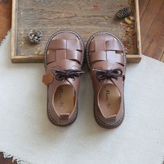 Women Summer Retro Plaited Leather Casual Sandals Brown Round Toe Sandals For Summer, Summer Lace-up Sandals With Round Toe, Spring Brown T-strap Sandals With Leather Footbed, Brown T-strap Sandals With Leather Footbed For Spring, Brown T-strap Sandals With Flat Leather Sole, Brown Slingback Sandals With Buckle And Round Toe, Brown Flat Heel Slingback Sandals With Leather Sole, Brown Leather Sole Flat Slingback Sandals, Spring Lace-up Sandals With Round Toe