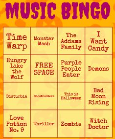 a poster with the words music bingo on it