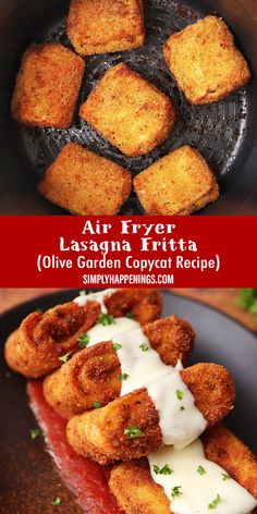 Lasagna fritta in an air fryer basket and on a plate with alfredo sauce Lasagna Fritters Air Fryer, 2 Ingredient Dinner Recipes, Best Air Fried Foods, Crispy Lasagna Rolls, Ricotta Mozzarella Recipes, Air Fryer Lasagna Fritta, Fried Lasagna Bites, What To Do With Leftover Lasagna Noodles, Mexican Food Recipes Air Fryer