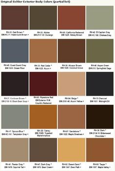 the color chart for different paints and colors in each section, including brown, red, green