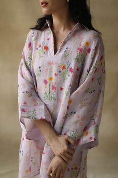 Linen Kurti Design, Purple Wisteria, Tunics Online, Kaftan Style, Floral Print Tunic, Cotton Slip, Print Tunic