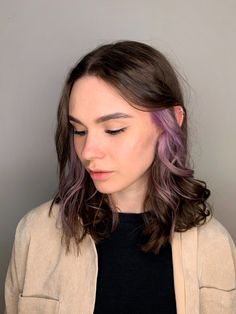 Brown Hair Lilac Highlights, Face Framing Purple Highlights, Purple Tips Brown Hair, Light Brown Hair With Pop Of Color, Under Lights Hair Brunettes, Subtle Hair Dye Ideas Brunettes, Hair Peak A Boo, Brown Hair With Pop Of Color, Purple Underneath Hair Brown