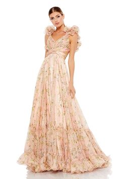 Peach chiffon handcrafted tiered gown with floral print and ruffled detailing. - Aza Fashions Parade Dress, Mac Duggal Dress, Chiffon Evening Dresses, Floral Gown, Chiffon Fashion, Floor Length Gown, Mac Duggal, Chiffon Gown, Ball Gown Dresses