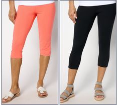 When temps rise, hemlines usually follow! Beat the heat with a knee-grazing pedal pusher and a mid-calf capri. This summery set of knit pants -- in basic black and your choice of color -- gives you sooo many outfit possibilities (while still looking chic!). From Women with Control®. Casual Spring Mid-calf Bottoms, Solid Athleisure Capris For Summer, Solid Color Athleisure Capris For Summer, Sporty Solid Color Summer Capris, Stretch Capris For Summer, Summer Workout Capri Bottoms, Sporty Solid Capris For Spring, Sporty Spring Capris, Spring Mid-calf Stretch Bottoms