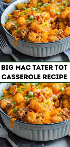 two images showing the same casserole in different pans with text overlay