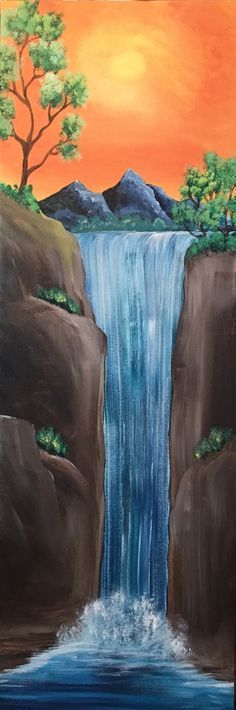 an acrylic painting of a waterfall and trees