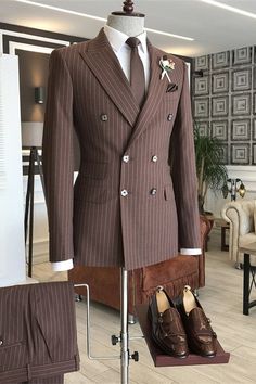 Garrett Stylish Coffee Peaked Lapel Double Breasted Striped Business Suits Brown Suits For Men, Double Breasted Suit Men, Gentleman Outfit, Mens Attire