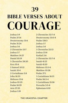 the bible verses about courage are shown in black and white on a yellow background