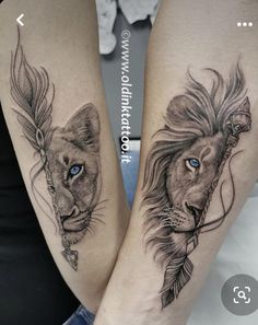 two tattoos on both legs with lions and feathers in the middle one has blue eyes