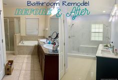 before and after photos of a bathroom remodel