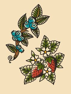 an image of two flowers and berries on the side of a tattoo design, one is blue