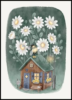 a painting of a house with daisies on the roof and flowers growing out of it