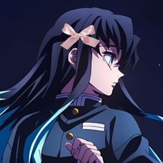 an anime character with long black hair wearing a uniform and holding a knife in her hand