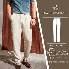 Get a big discount with the Bundle Shop Pattern: https://www.etsy.com/listing/1695033562/Men's Linen Pants Pockets Elastic Waist Sewing Pattern PDF Men's Pants Pattern, Men's Summer Pants, Men's Beach Trouser Pattern Format : US Letter, A0, A4 Seam allowances are included. All seams 1 cm; seam allowance for hem of garment and hem of sleeve - 2.0 cm. Size: XS - 5XL Language : English Sewing instructions: This pattern is of intermediate complexity, but it is recommended that you already have some How To Sew Mens Pants, Mens Sewing Patterns Pants, Mens Pants Sewing Pattern Free, Formal Pants For Men Pattern, Men Sewing Patterns, Men’s Pants Sewing Pattern, Linen Pants Pattern, Smock Dress Pattern, Mens Summer Pants