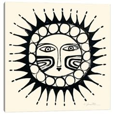 a black and white drawing of a sun face