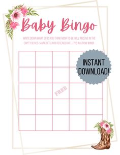 a baby shower game with cowboy boots and flowers on the side, including an instant printable