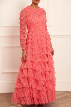 Lana Round Neck Gown – Pink | Needle & Thread Elegant Tulle Ruffle Dress For Wedding, Spring Long Sleeve Gown With Ruffles, Long Sleeve Ruffled Gown For Gala, Long Sleeve Ruffled Gown For Wedding, Long Sleeve Tulle Gown With Ruffles, Fitted Long Sleeve Gown With Ruffles, Evening Gown With Ruffles And Long Sleeves, Long Sleeve Ruffled Dresses For Gala, Elegant Tulle Ruffle Wedding Dress