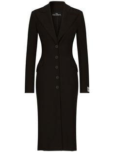 black stretch-design front button fastening V-neck wide notch lapels two front flap pockets fitted waistline long sleeves logo patch at the sleeve straight hem knee-length tailored cut Tulle Dress Long, Gabbana Dress, Woman Dresses, Long Black Coat, Calf Length Dress, Dolce Gabbana Dress, Single Breasted Coat, Formal Dresses For Women