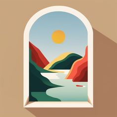 an arched window with a view of mountains and water in the sun set behind it