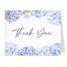 a thank card with blue hydrangeas and the words thank you written on it