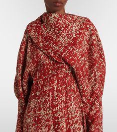 Draped jacquard midi dress in red - Bottega Veneta | Mytheresa Red Viscose Long Sleeve Dress, Red Long Sleeve Viscose Dress, Red Silk Long Sleeve Midi Dress, Red Silk Dress For Fall, Red Silk Dresses For Fall, Fall Red Silk Dresses, Chic Red Viscose Dress, Draped Neckline, Red Midi Dress