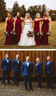 the bride and groomsmid are posing for pictures in their red dresses, blue suits, and brown shoes