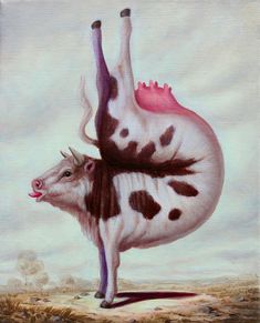 a painting of a cow standing on its hind legs